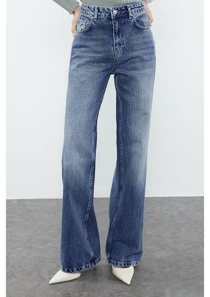 Kadın Moda Şık Kot Pantolon Geniş Paça Uzun Boy Denim Mavi Yüksek Bel Jeans