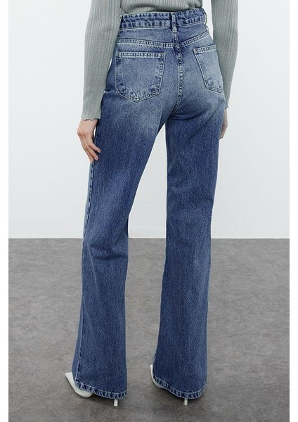 Kadın Moda Şık Kot Pantolon Geniş Paça Uzun Boy Denim Mavi Yüksek Bel Jeans
