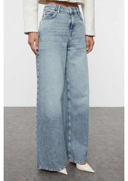 Kadın Moda Şık Kot Pantolon Geniş Paça Uzun Boy Denim Mavi Yüksek Bel Ekstra Palazzo Jeans