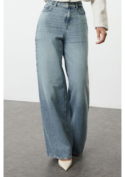 Kadın Moda Şık Kot Pantolon Geniş Paça Uzun Boy Denim Mavi Yüksek Bel Ekstra Palazzo Jeans fiyatları
