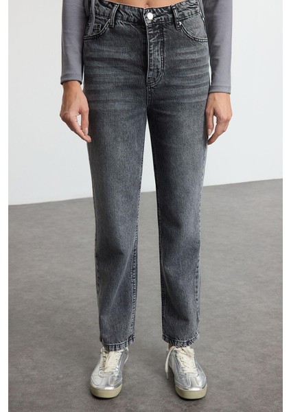 Kadın Moda Şık Kot Pantolon Geniş Paça Uzun Boy Denim Antrasit Yüksek Bel Straight Jeans