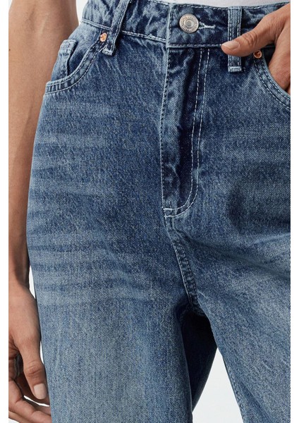 Kadın Moda Şık Kot Pantolon Geniş Paça Regular Boy Denim Lacivert Yüksek Bel Straight Jeans