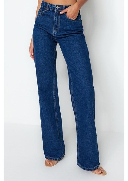Kadın Moda Şık Kot Pantolon Geniş Paça Uzun Boy Denim Mavi Yüksek Bel Jeans fırsatları