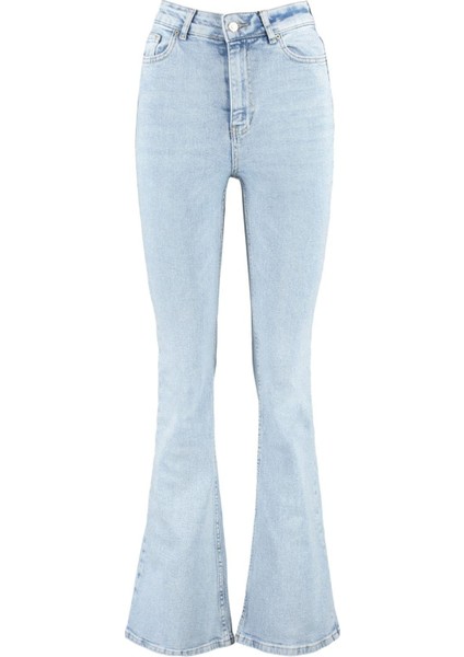 Kadın Moda Şık Kot Pantolon Ispanyol Paça Uzun Boy Denim Mavi Yüksek Bel Jeans