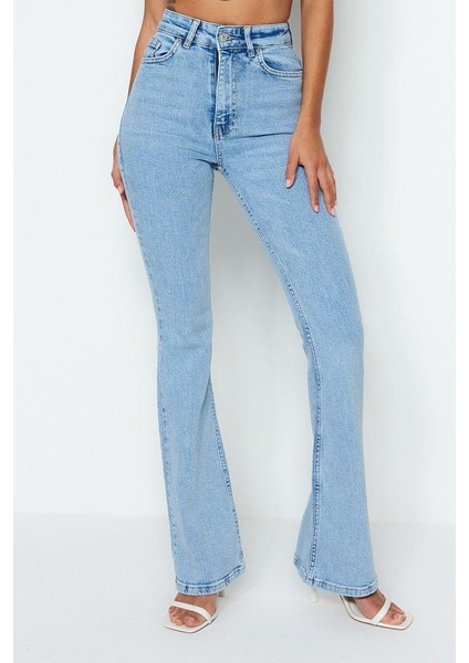 Kadın Moda Şık Kot Pantolon Ispanyol Paça Uzun Boy Denim Mavi Yüksek Bel Jeans