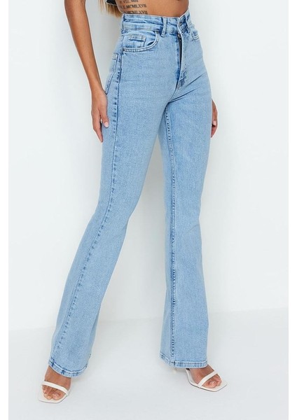 Kadın Moda Şık Kot Pantolon Ispanyol Paça Uzun Boy Denim Mavi Yüksek Bel Jeans