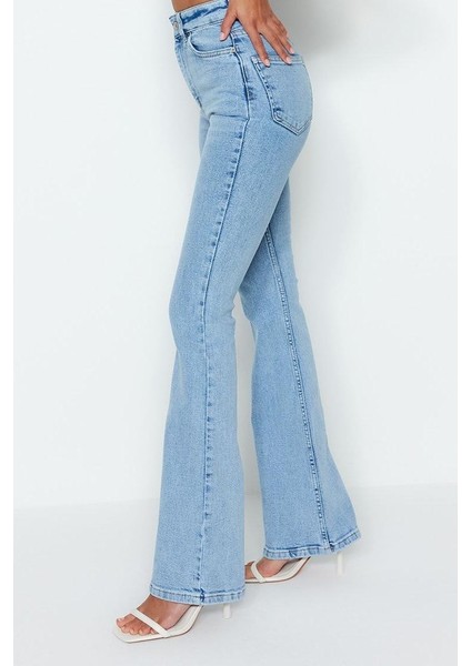 Kadın Moda Şık Kot Pantolon Ispanyol Paça Uzun Boy Denim Mavi Yüksek Bel Jeans