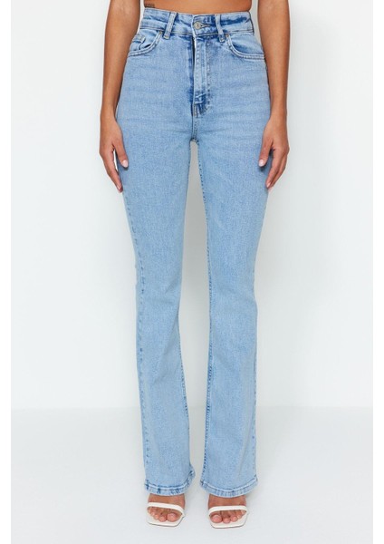 Kadın Moda Şık Kot Pantolon Ispanyol Paça Uzun Boy Denim Mavi Yüksek Bel Jeans