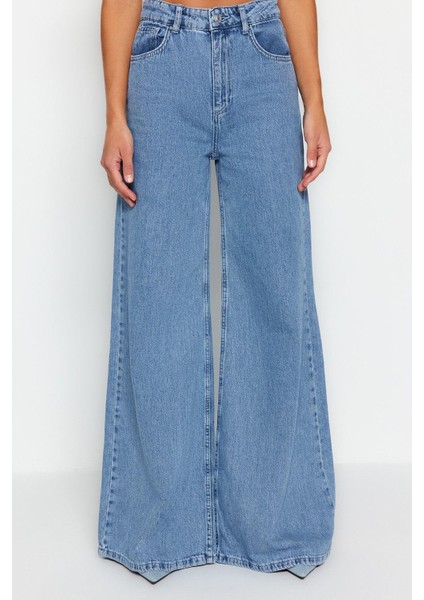 Kadın Moda Şık Kot Pantolon Geniş Paça Uzun Boy Denim Mavi Yüksek Bel Ekstra Palazzo Jeans