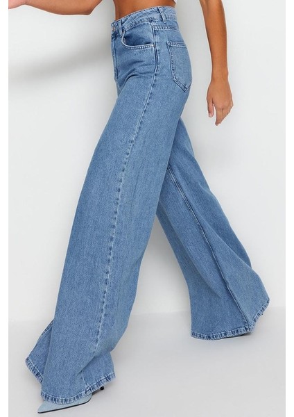 Kadın Moda Şık Kot Pantolon Geniş Paça Uzun Boy Denim Mavi Yüksek Bel Ekstra Palazzo Jeans fırsatları