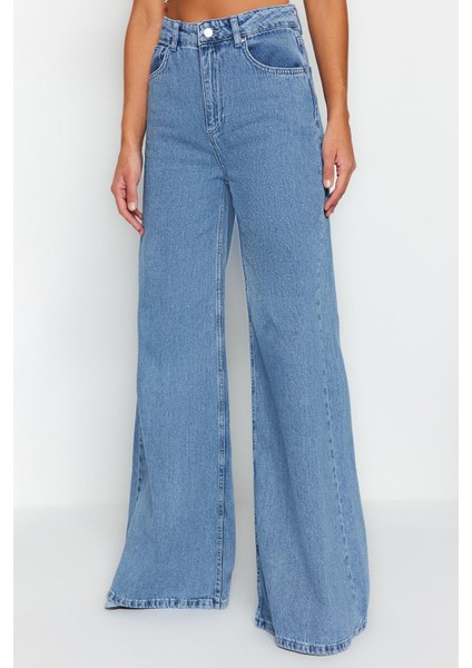 Kadın Moda Şık Kot Pantolon Geniş Paça Uzun Boy Denim Mavi Yüksek Bel Ekstra Palazzo Jeans indirimleri