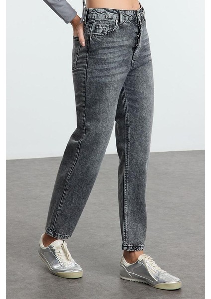 Kadın Moda Şık Kot Pantolon Geniş Paça Uzun Boy Denim Antrasit Yüksek Bel Straight Jeans