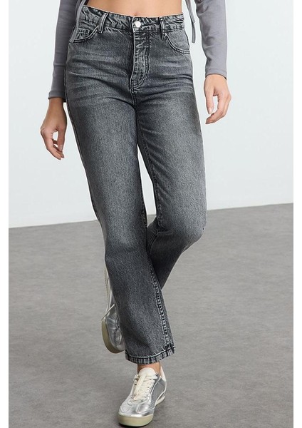 Kadın Moda Şık Kot Pantolon Geniş Paça Uzun Boy Denim Antrasit Yüksek Bel Straight Jeans