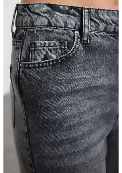 Kadın Moda Şık Kot Pantolon Geniş Paça Uzun Boy Denim Antrasit Yüksek Bel Straight Jeans