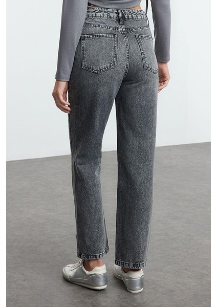 Kadın Moda Şık Kot Pantolon Geniş Paça Uzun Boy Denim Antrasit Yüksek Bel Straight Jeans