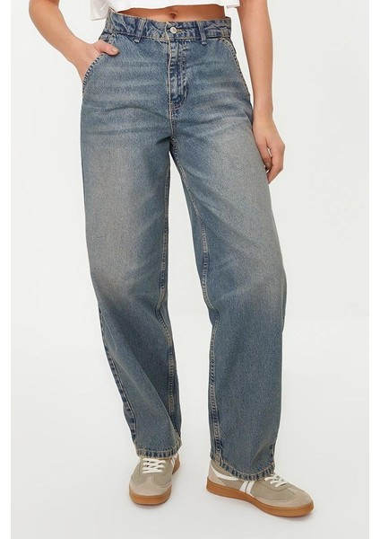 Kadın Moda Şık Kot Pantolon Geniş Paça Regular Boy Denim Solukli Vintage Düşük Bel Skater Jeans