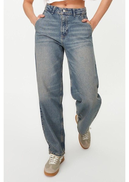 Kadın Moda Şık Kot Pantolon Geniş Paça Regular Boy Denim Solukli Vintage Düşük Bel Skater Jeans