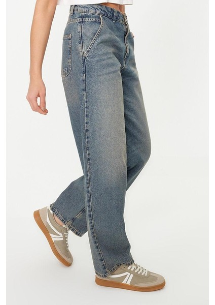 Kadın Moda Şık Kot Pantolon Geniş Paça Regular Boy Denim Solukli Vintage Düşük Bel Skater Jeans