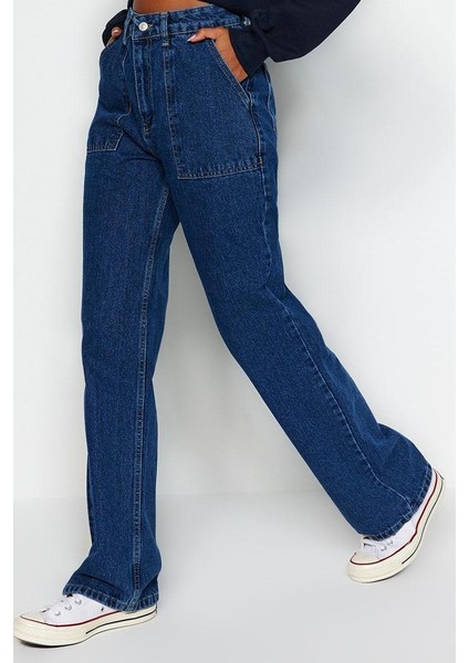 Kadın Moda Şık Kot Pantolon Geniş Paça Regular Boy Denim Lacivert Cep Detaylı Yüksek Bel Jeans