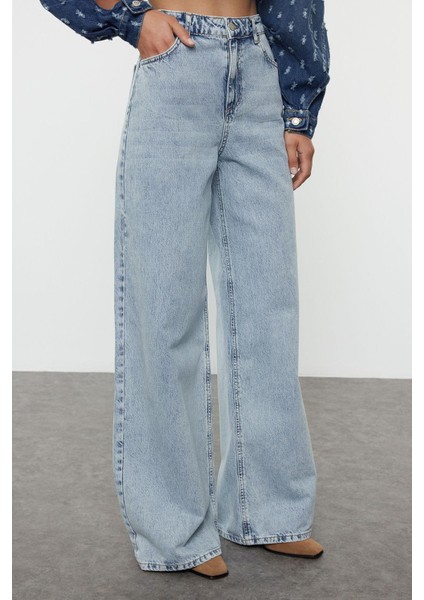 Kadın Moda Şık Kot Pantolon Geniş Paça Uzun Boy Denim Mavi Yüksek Bel Ekstra Palazzo Jeans