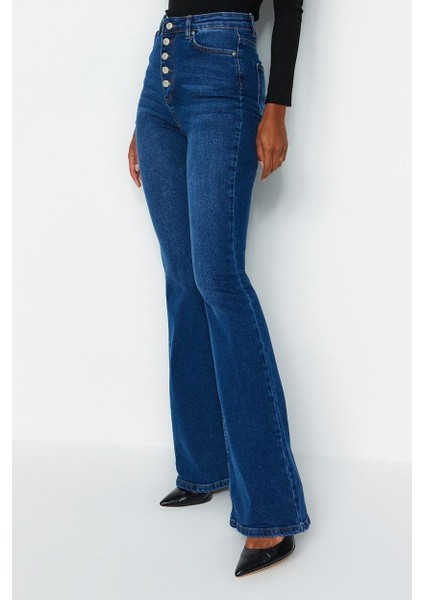 Kadın Moda Şık Kot Pantolon Geniş Paça Uzun Boy Denim Mavi Önden Düğmeli Yüksek Bel Jeans fırsatları