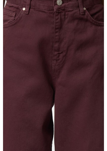 Kadın Moda Şık Kot Pantolon Geniş Paça Uzun Boy Denim Bordo Yüksek Bel Skater Jeans fırsatları