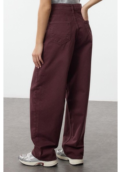 Kadın Moda Şık Kot Pantolon Geniş Paça Uzun Boy Denim Bordo Yüksek Bel Skater Jeans indirimleri