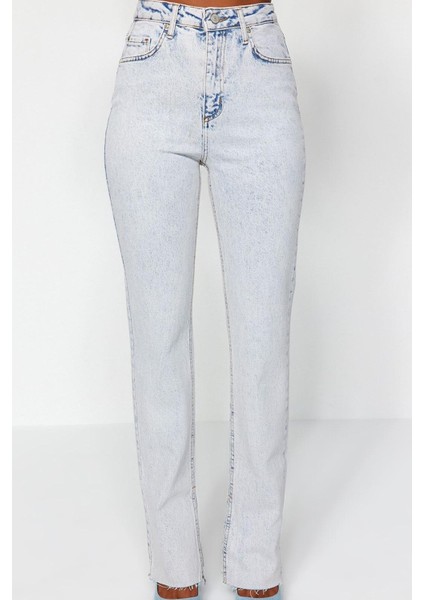 Stil Kadın Moda Denim Kot Pantolon Regular Boru Paça Mavi Yırtmaçlı Yüksek Bel Jeans