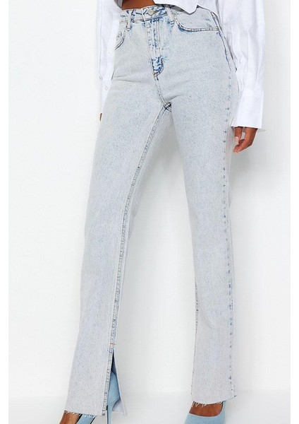 Stil Kadın Moda Denim Kot Pantolon Regular Boru Paça Mavi Yırtmaçlı Yüksek Bel Jeans fiyatları