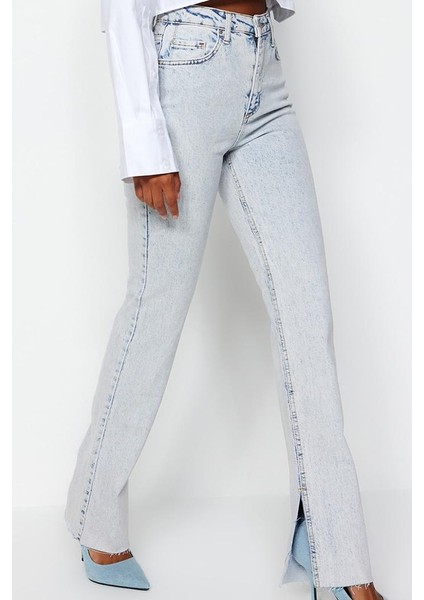Stil Kadın Moda Denim Kot Pantolon Regular Boru Paça Mavi Yırtmaçlı Yüksek Bel Jeans modelleri