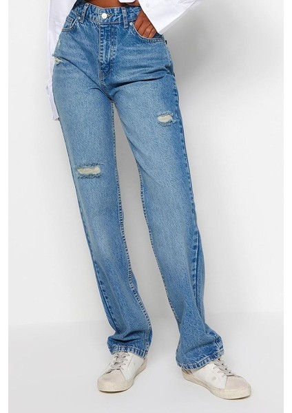 Stil Kadın Moda Denim Kot Pantolon Uzun Geniş Paça Mavi Yırtıklı Yüksek Bel Uzun Straight Jeans