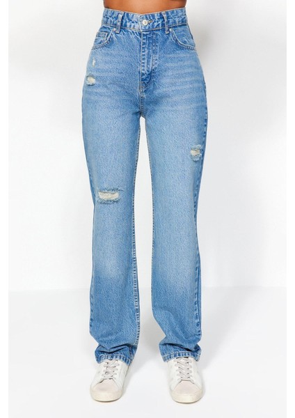 Stil Kadın Moda Denim Kot Pantolon Uzun Geniş Paça Mavi Yırtıklı Yüksek Bel Uzun Straight Jeans fiyatları