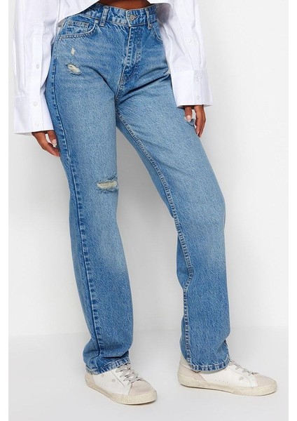Stil Kadın Moda Denim Kot Pantolon Uzun Geniş Paça Mavi Yırtıklı Yüksek Bel Uzun Straight Jeans modelleri