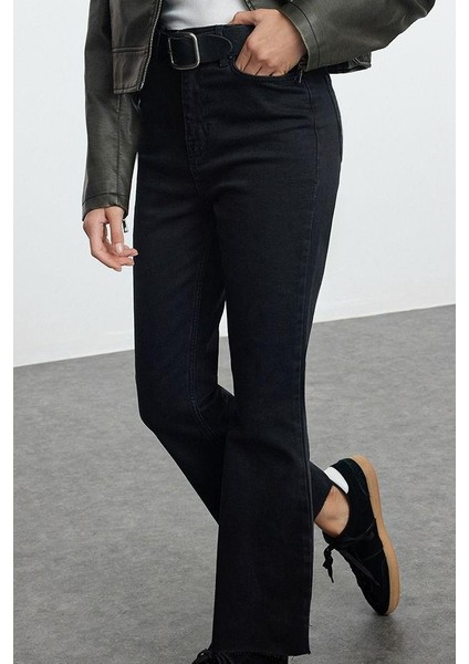 Stil Kadın Moda Denim Kot Pantolon Regular Geniş Paça Antrasit Yüksek Bel Crop Jeans