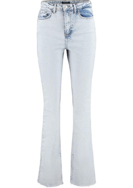 Stil Kadın Moda Denim Kot Pantolon Regular Boru Paça Mavi Yırtmaçlı Yüksek Bel Jeans