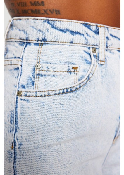 Stil Kadın Moda Denim Kot Pantolon Regular Boru Paça Mavi Yırtmaçlı Yüksek Bel Jeans
