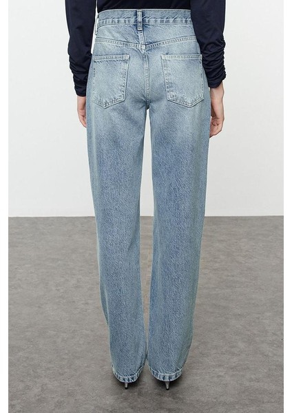 Stil Kadın Moda Denim Kot Pantolon Uzun Boru Paça Mavi Normal Bel Straight Jeans