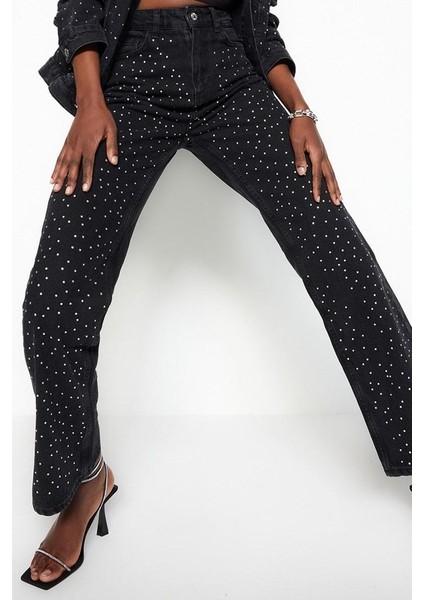Stil Kadın Moda Denim Kot Pantolon Regular Geniş Paça Taşlı Yüksek Bel Jeans