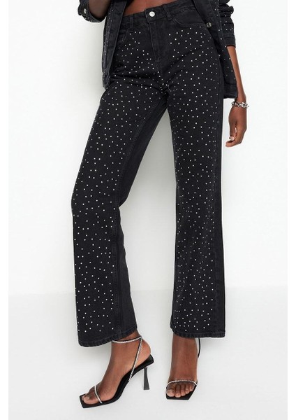 Stil Kadın Moda Denim Kot Pantolon Regular Geniş Paça Taşlı Yüksek Bel Jeans modelleri