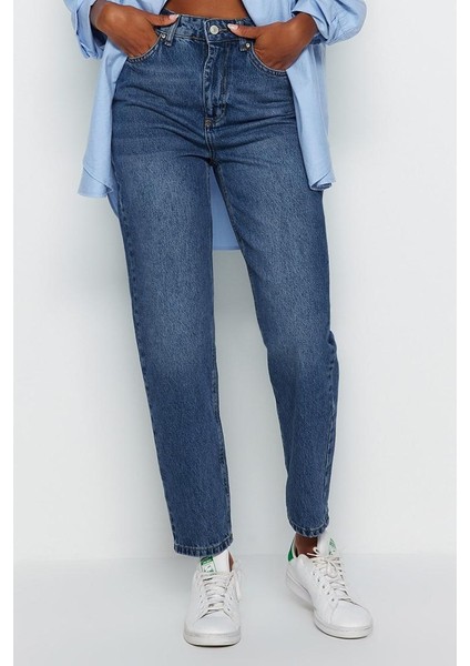Stil Kadın Moda Denim Kot Pantolon Regular Dar Paça Yüksek Bel Mom Jeans