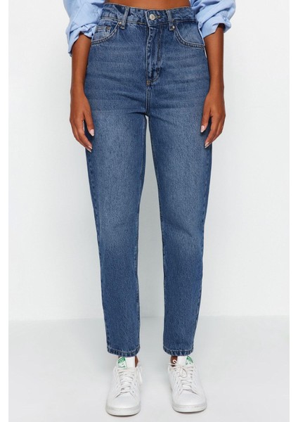Stil Kadın Moda Denim Kot Pantolon Regular Dar Paça Yüksek Bel Mom Jeans fırsatları