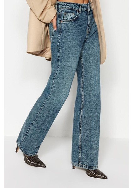 Stil Kadın Moda Denim Kot Pantolon Uzun Geniş Paça Mavi Soluk Vintage Yüksek Bel Jeans