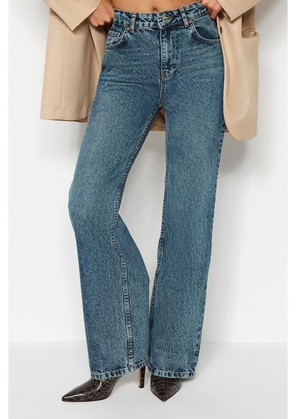 Stil Kadın Moda Denim Kot Pantolon Uzun Geniş Paça Mavi Soluk Vintage Yüksek Bel Jeans