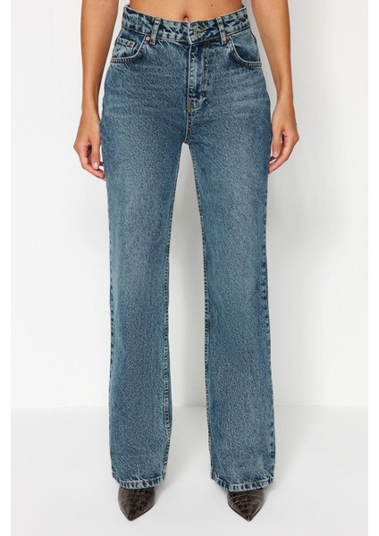 Stil Kadın Moda Denim Kot Pantolon Uzun Geniş Paça Mavi Soluk Vintage Yüksek Bel Jeans