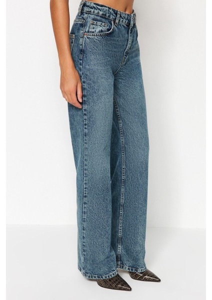 Stil Kadın Moda Denim Kot Pantolon Uzun Geniş Paça Mavi Soluk Vintage Yüksek Bel Jeans