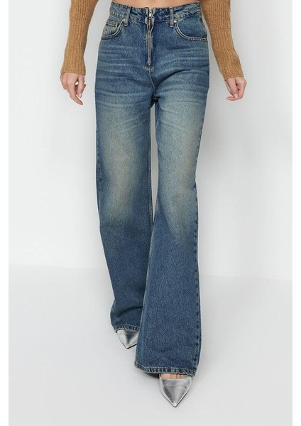 Stil Kadın Moda Denim Kot Pantolon Uzun Geniş Paça Mavi Soluk Vintage Yüksek Bel Jeans
