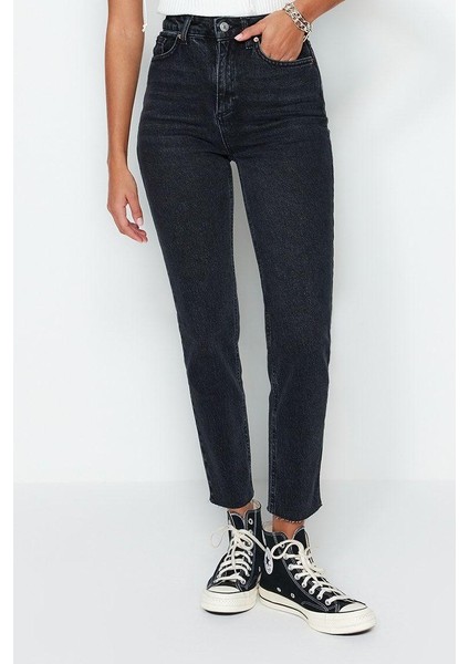Stil Kadın Moda Denim Kot Pantolon Uzun Boru Paça Yüksek Bel Slim Mom Jeans