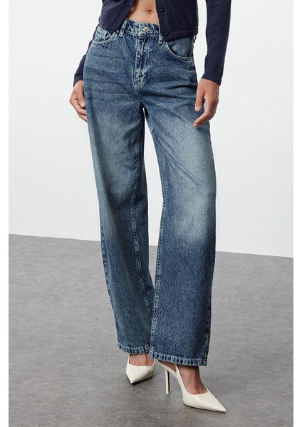 Stil Kadın Moda Denim Kot Pantolon Uzun Geniş Paça Mavi Yüksek Bel Jeans