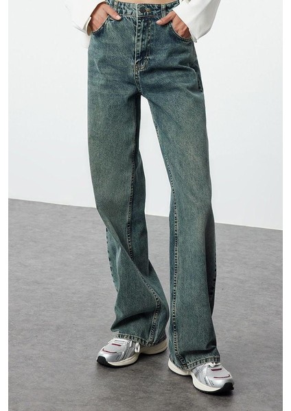 Stil Kadın Moda Denim Kot Pantolon Uzun Geniş Paça Soluk Vintage Yüksek Bel Jeans