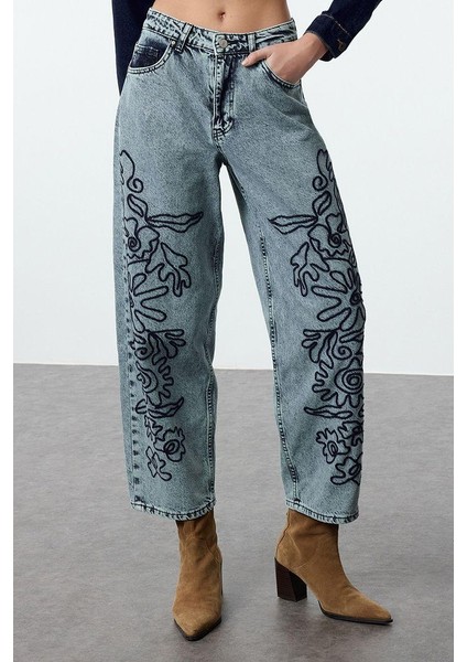 Stil Kadın Moda Denim Kot Pantolon Uzun Geniş Paça Mavi Nakışlı Yüksek Bel Balon Jeans